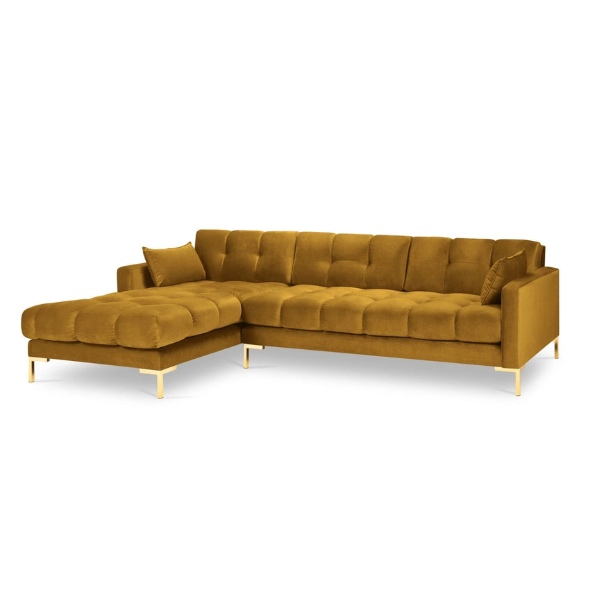 Mamaia 4-Sitzer Ecksofa, Linke Seite, Beine Goldmetall, mit Bezug aus Samt (Blu68) in Gelb, 293x185 cm – Bild 4