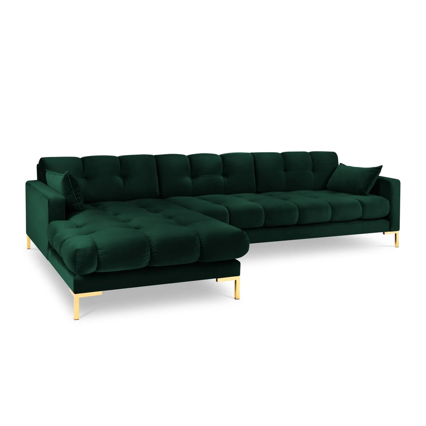 Mamaia 4-Sitzer Ecksofa, Linke Seite, Beine Goldmetall, mit Bezug aus Samt (Blu78) in Flaschengrün, 293x185 cm – Bild 1