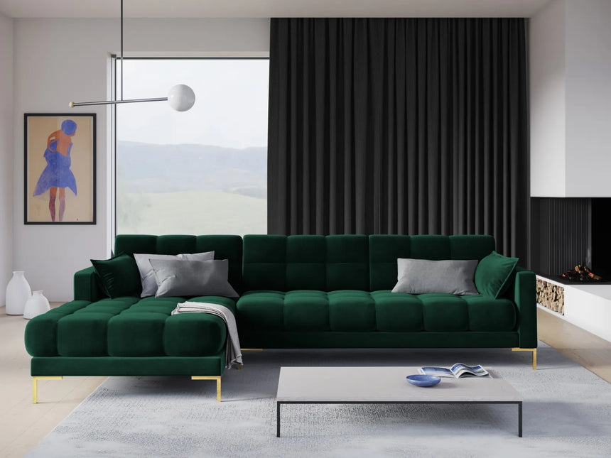 Mamaia 4-Sitzer Ecksofa, Linke Seite, Beine Goldmetall, mit Bezug aus Samt (Blu78) in Flaschengrün, 293x185 cm – Bild 2