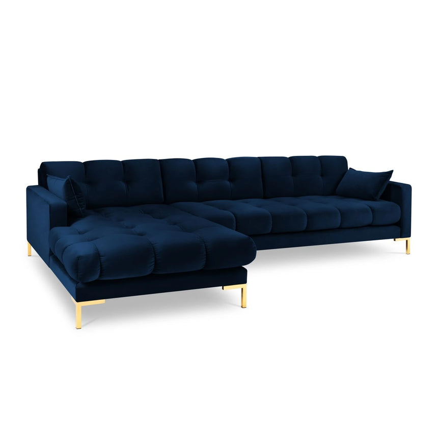 Mamaia 4-Sitzer Ecksofa, Linke Seite, Beine Goldmetall, mit Bezug aus Samt (Blu86) in Königsblau, 293x185 cm – Bild 1