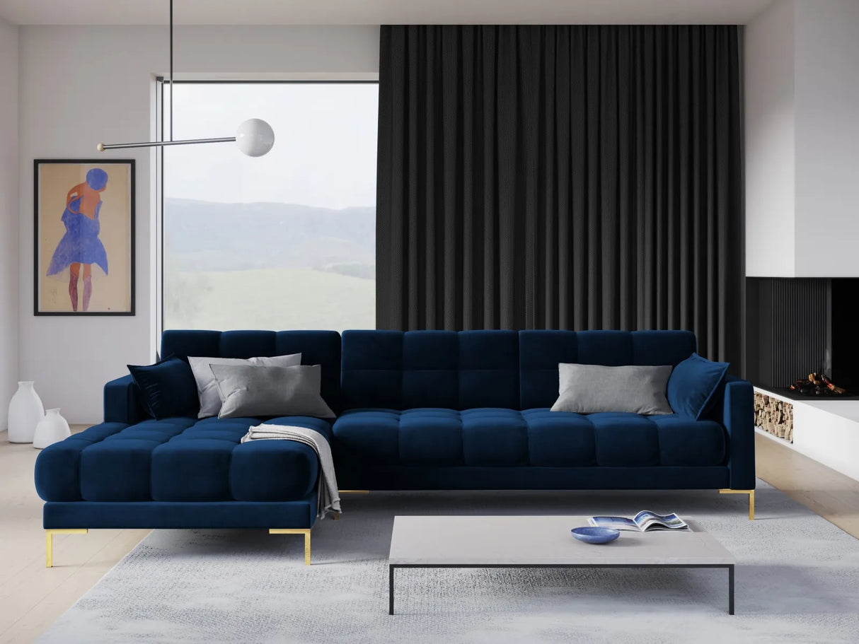 Mamaia 4-Sitzer Ecksofa, Linke Seite, Beine Goldmetall, mit Bezug aus Samt (Blu86) in Königsblau, 293x185 cm – Bild 2
