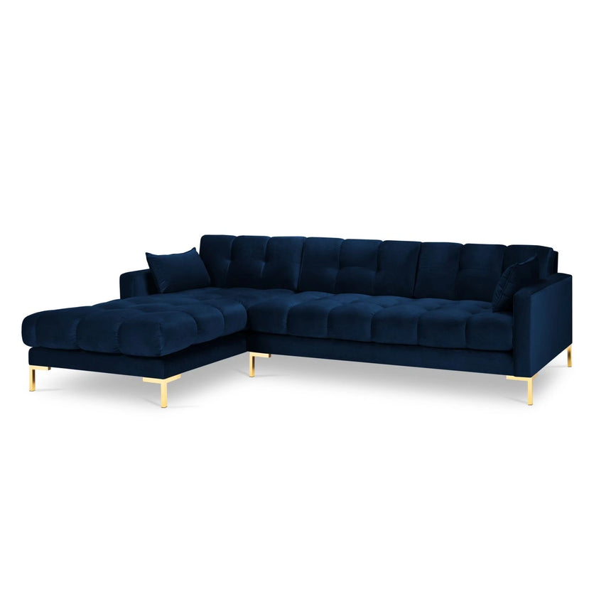 Mamaia 4-Sitzer Ecksofa, Linke Seite, Beine Goldmetall, mit Bezug aus Samt (Blu86) in Königsblau, 293x185 cm – Bild 4