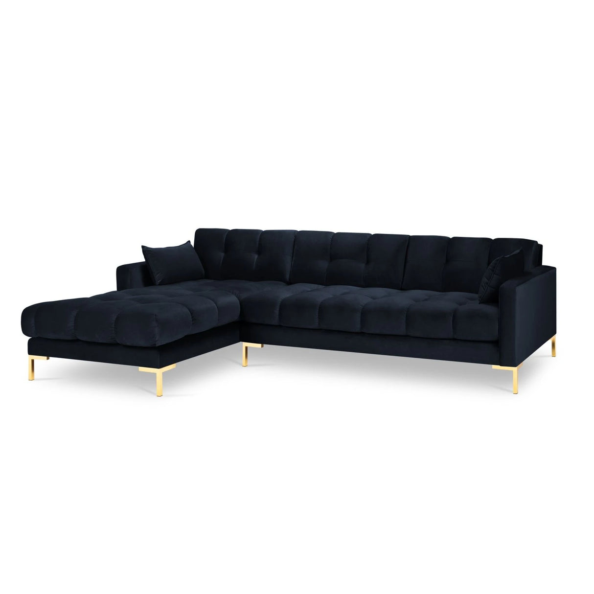 Mamaia 4-Sitzer Ecksofa, Linke Seite, Beine Goldmetall, mit Bezug aus Samt (Blu89) in Dunkelblau, 293x185 cm – Bild 4