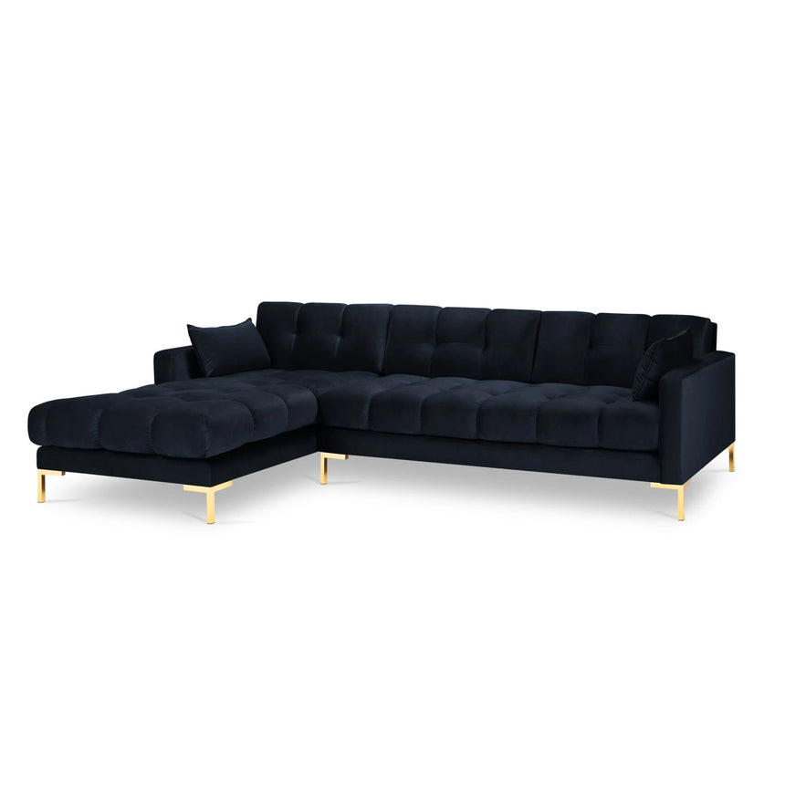 Mamaia 4-Sitzer Ecksofa, Linke Seite, Beine Goldmetall, mit Bezug aus Samt (Blu89) in Dunkelblau, 293x185 cm – Bild 4