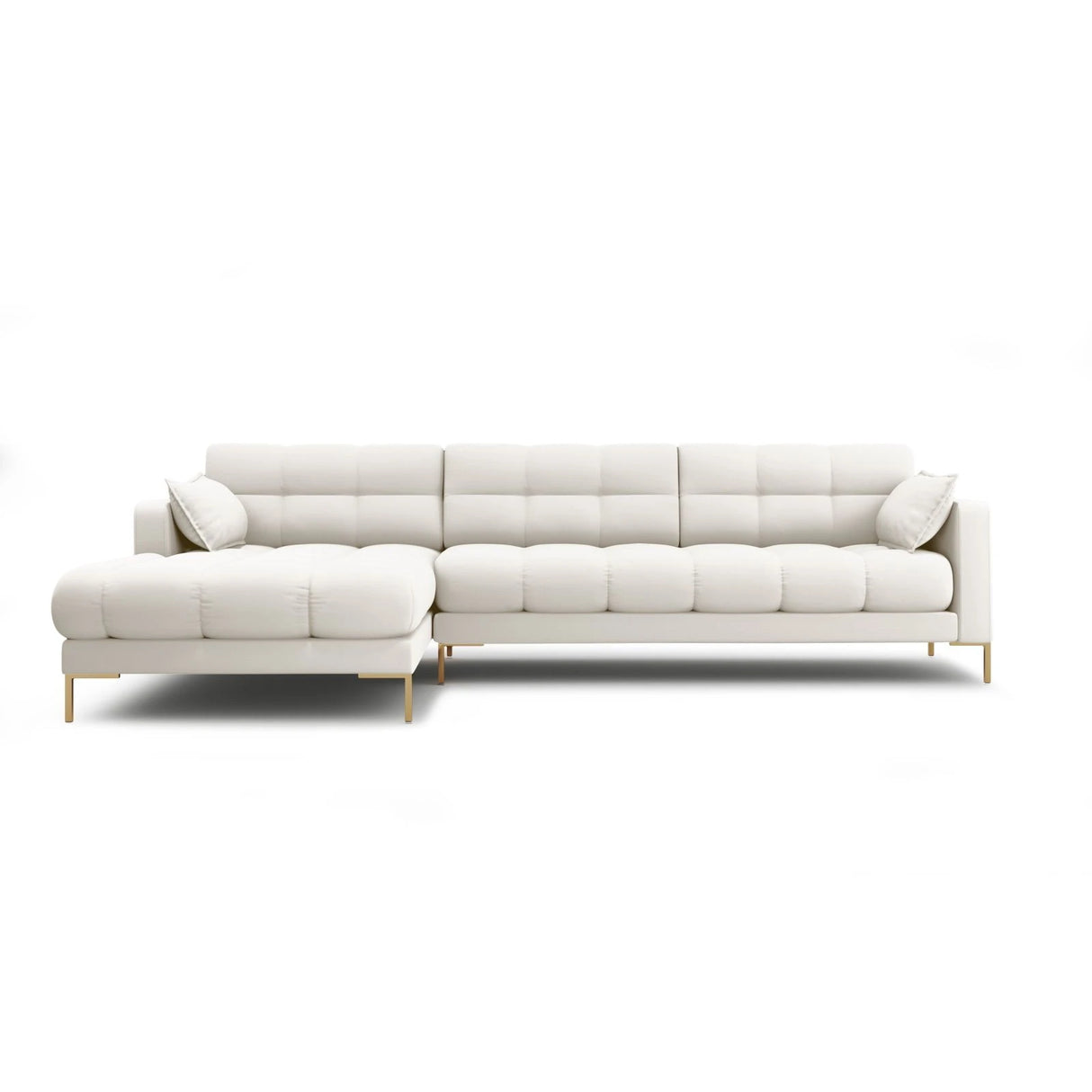 Mamaia 4-Sitzer Ecksofa, Linke Seite, Beine Goldmetall, mit Bezug aus Samt oder Strukturstoff, 293x185 cm – Bild 1