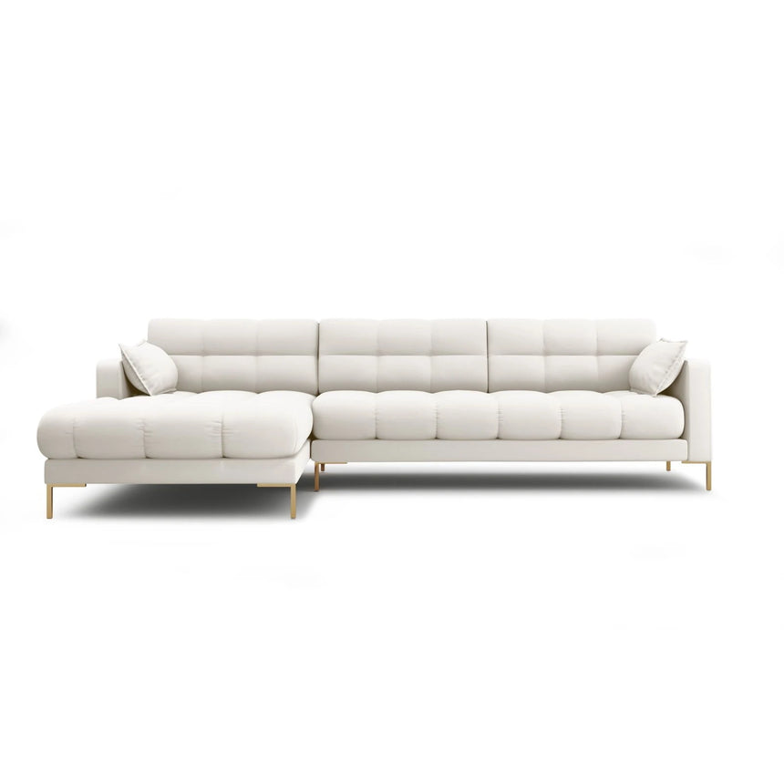 Mamaia 4-Sitzer Ecksofa, Linke Seite, Beine Goldmetall, mit Bezug aus Samt oder Strukturstoff, 293x185 cm – Bild 1