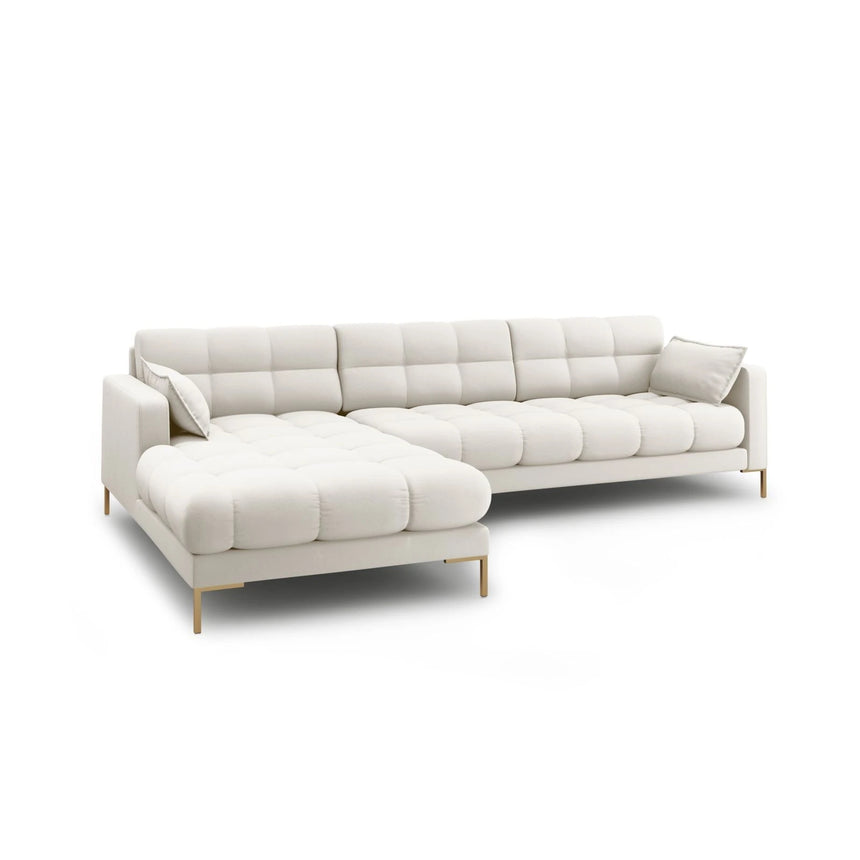 Mamaia 4-Sitzer Ecksofa, Linke Seite, Beine Goldmetall, mit Bezug aus Samt oder Strukturstoff, 293x185 cm – Bild 4