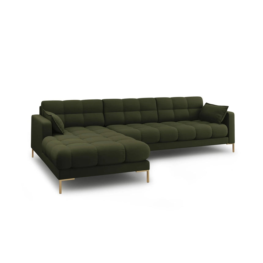 Mamaia 4-Sitzer Ecksofa, Linke Seite, Beine Goldmetall, mit Bezug aus Strukturierter Stoff (Nev39) in Grün, 293x185 cm – Bild 4