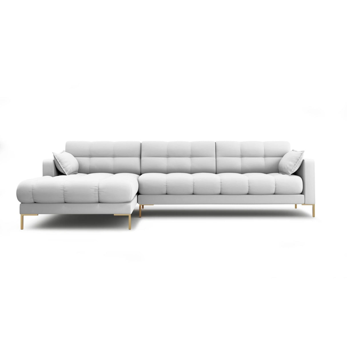 Mamaia 4-Sitzer Ecksofa, Linke Seite, Beine Goldmetall, mit Bezug aus Strukturierter Stoff (Nev80) in Hellgrau, 293x185 cm – Bild 1