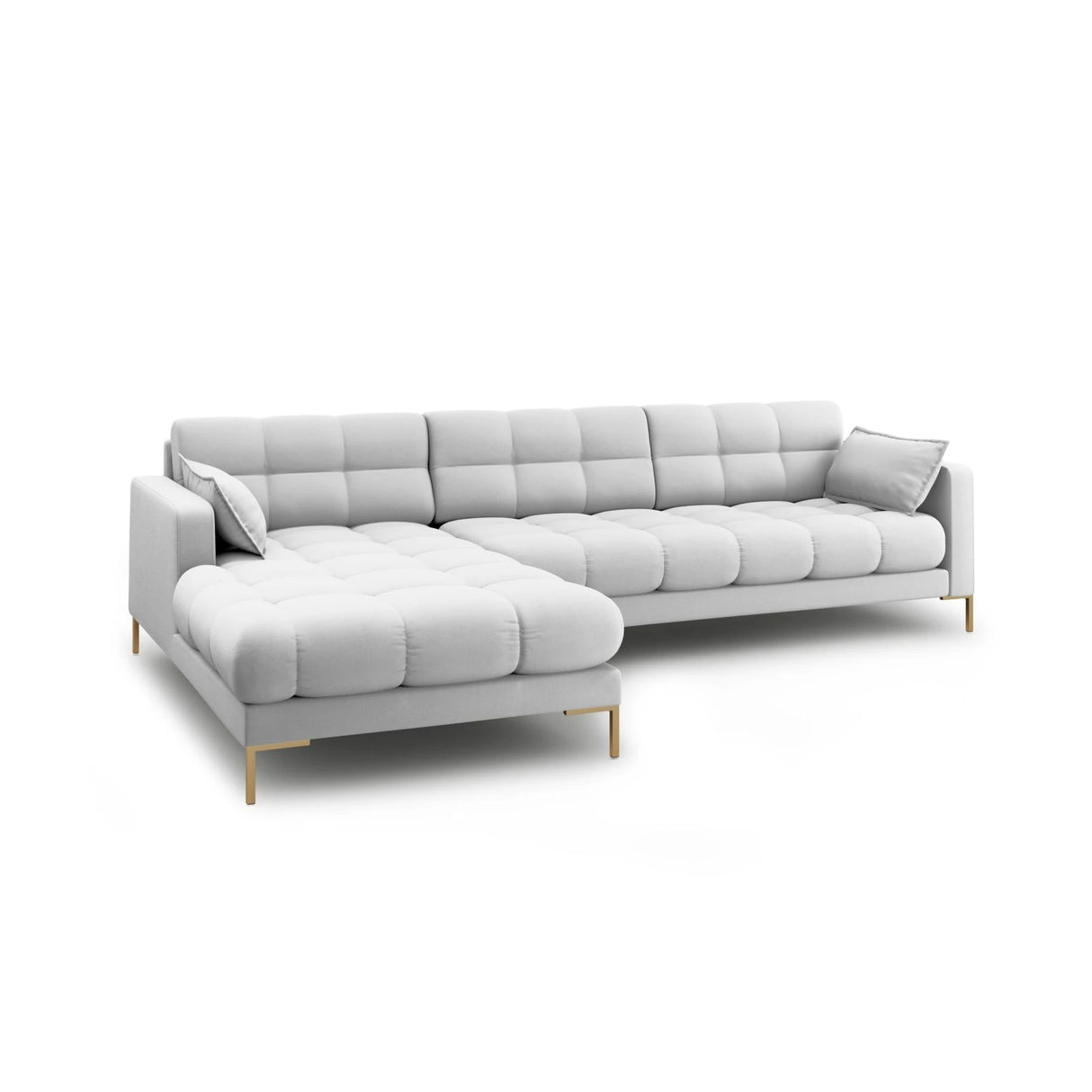 Mamaia 4-Sitzer Ecksofa, Linke Seite, Beine Goldmetall, mit Bezug aus Strukturierter Stoff (Nev80) in Hellgrau, 293x185 cm – Bild 4