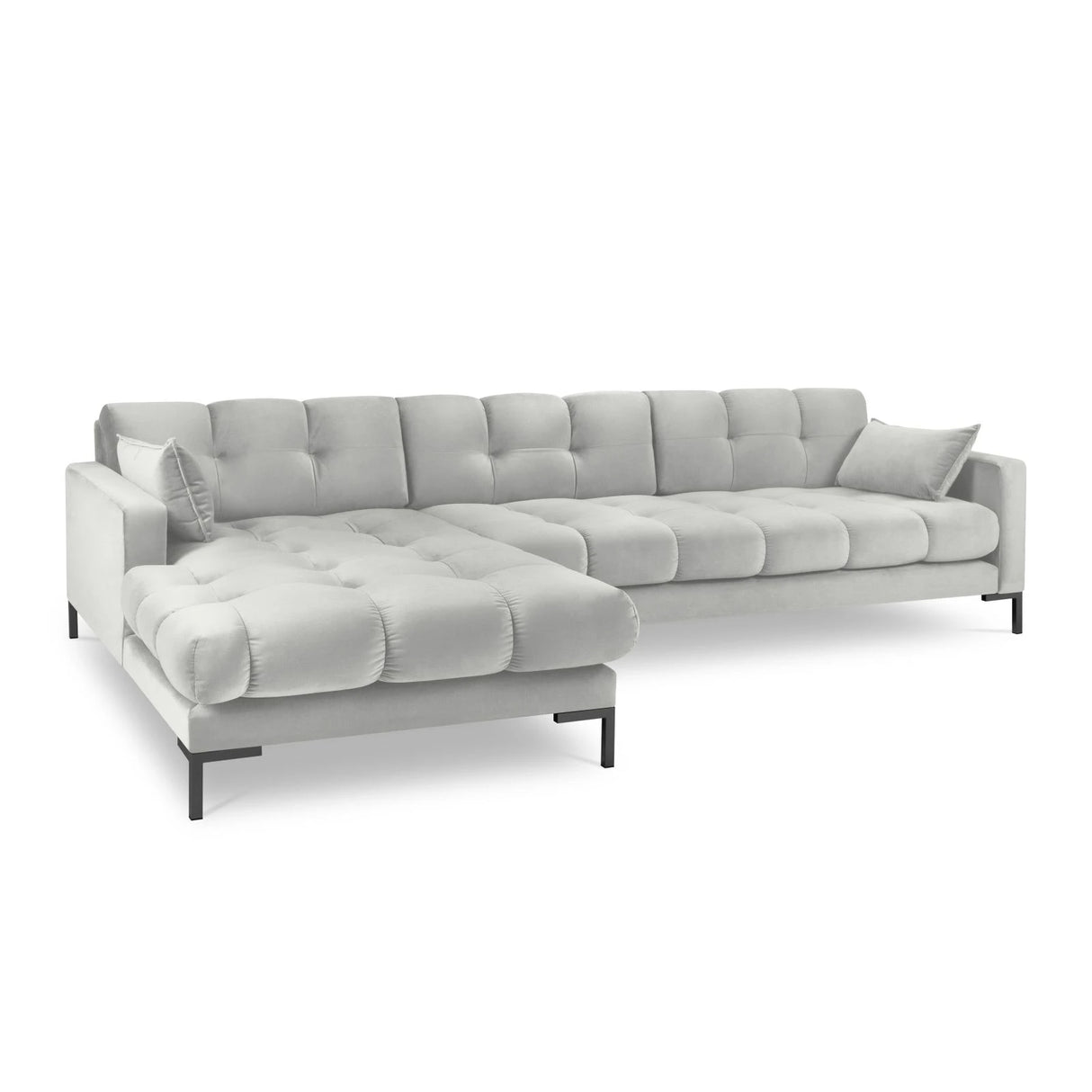 Mamaia 4-Sitzer Ecksofa, Linke Seite, Metallbeine Schwarz, mit Bezug aus Samt (Blu03) in Silber, 293x185 cm – Bild 1