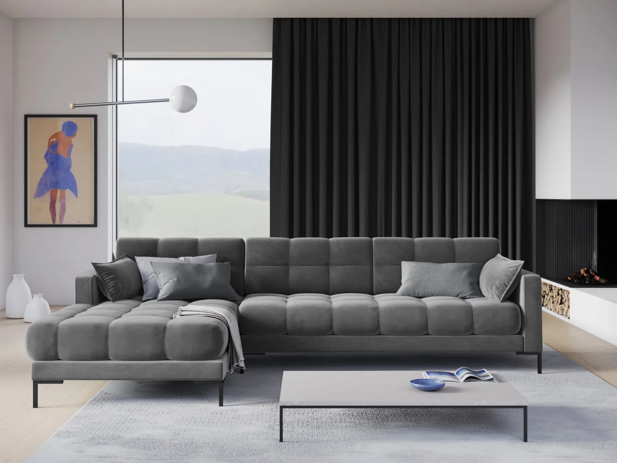 Mamaia 4-Sitzer Ecksofa, Linke Seite, Metallbeine Schwarz, mit Bezug aus Samt (Blu13) in Hellgrau, 293x185 cm – Bild 2
