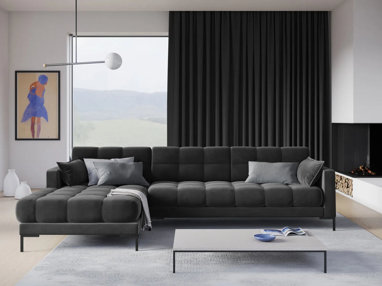 Mamaia 4-Sitzer Ecksofa, Linke Seite, Metallbeine Schwarz, mit Bezug aus Samt (Blu18) in Dunkelgrau, 293x185 cm – Bild 2