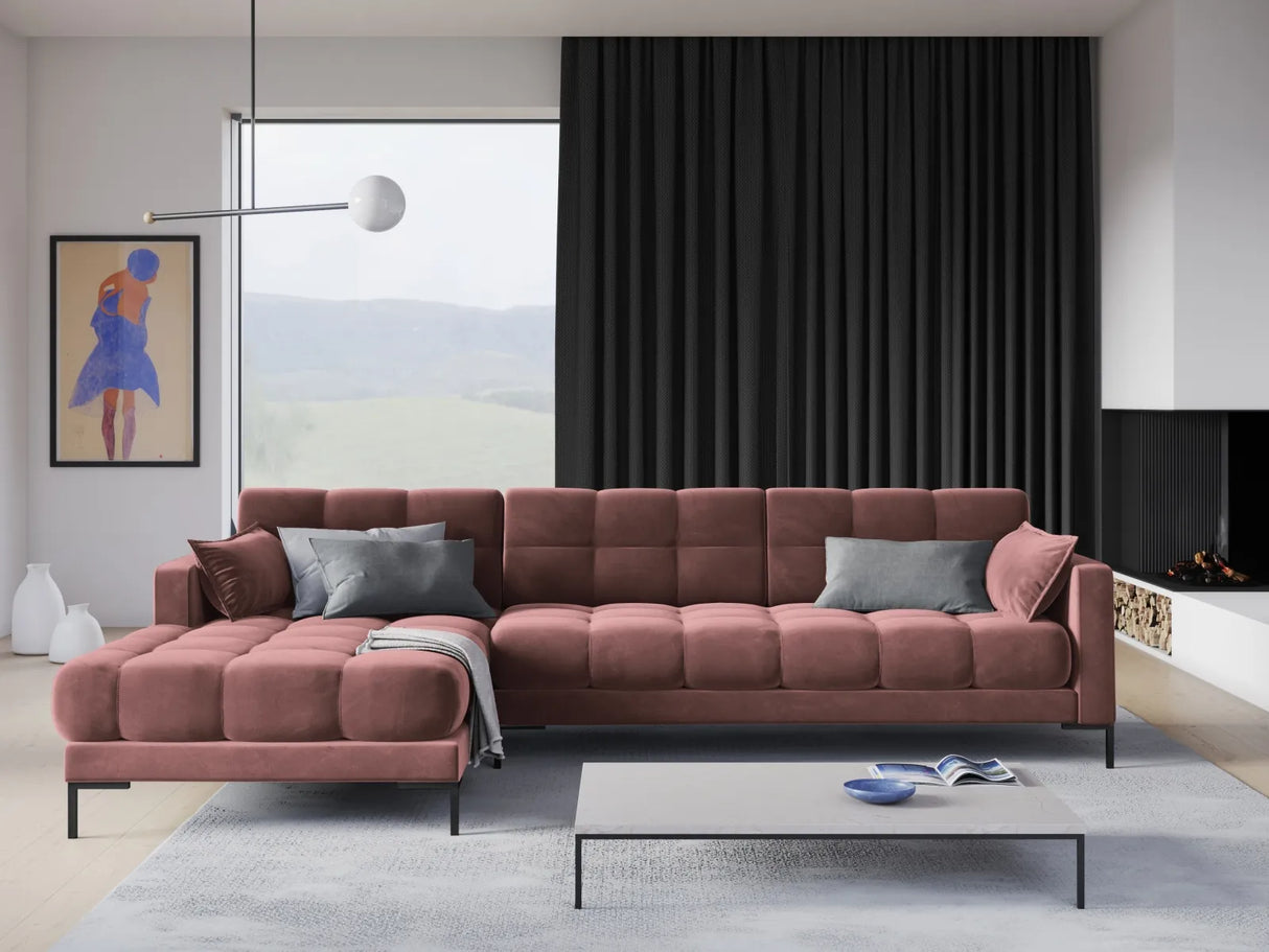 Mamaia 4-Sitzer Ecksofa, Linke Seite, Metallbeine Schwarz, mit Bezug aus Samt (Blu52) in Rosa, 293x185 cm – Bild 2