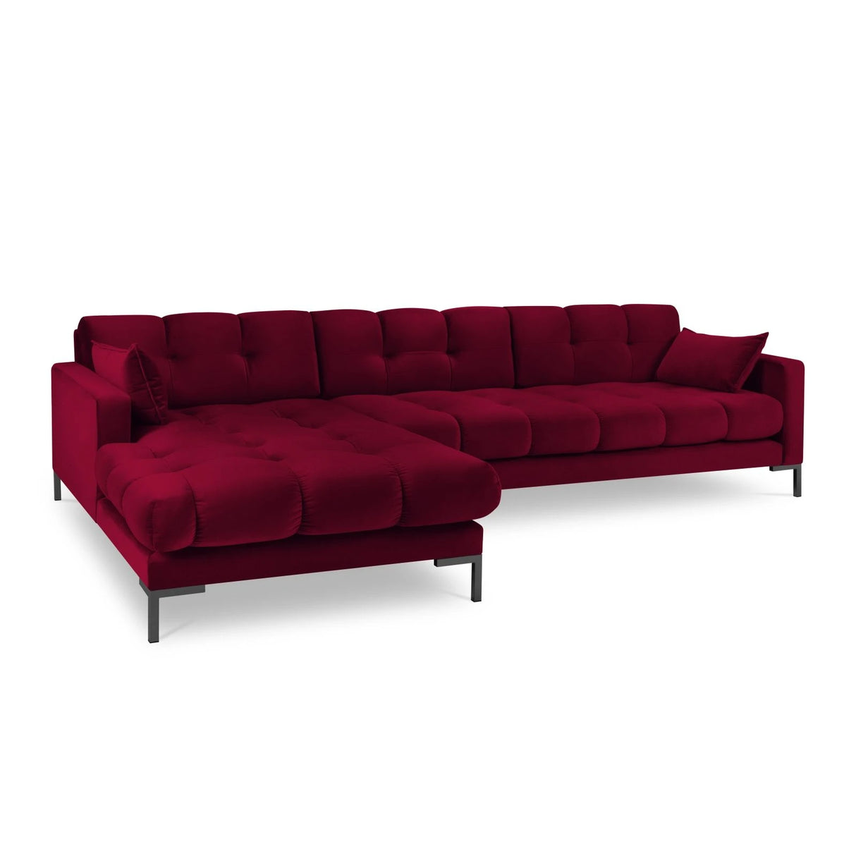Mamaia 4-Sitzer Ecksofa, Linke Seite, Metallbeine Schwarz, mit Bezug aus Samt (Blu59) in Rot, 293x185 cm – Bild 1