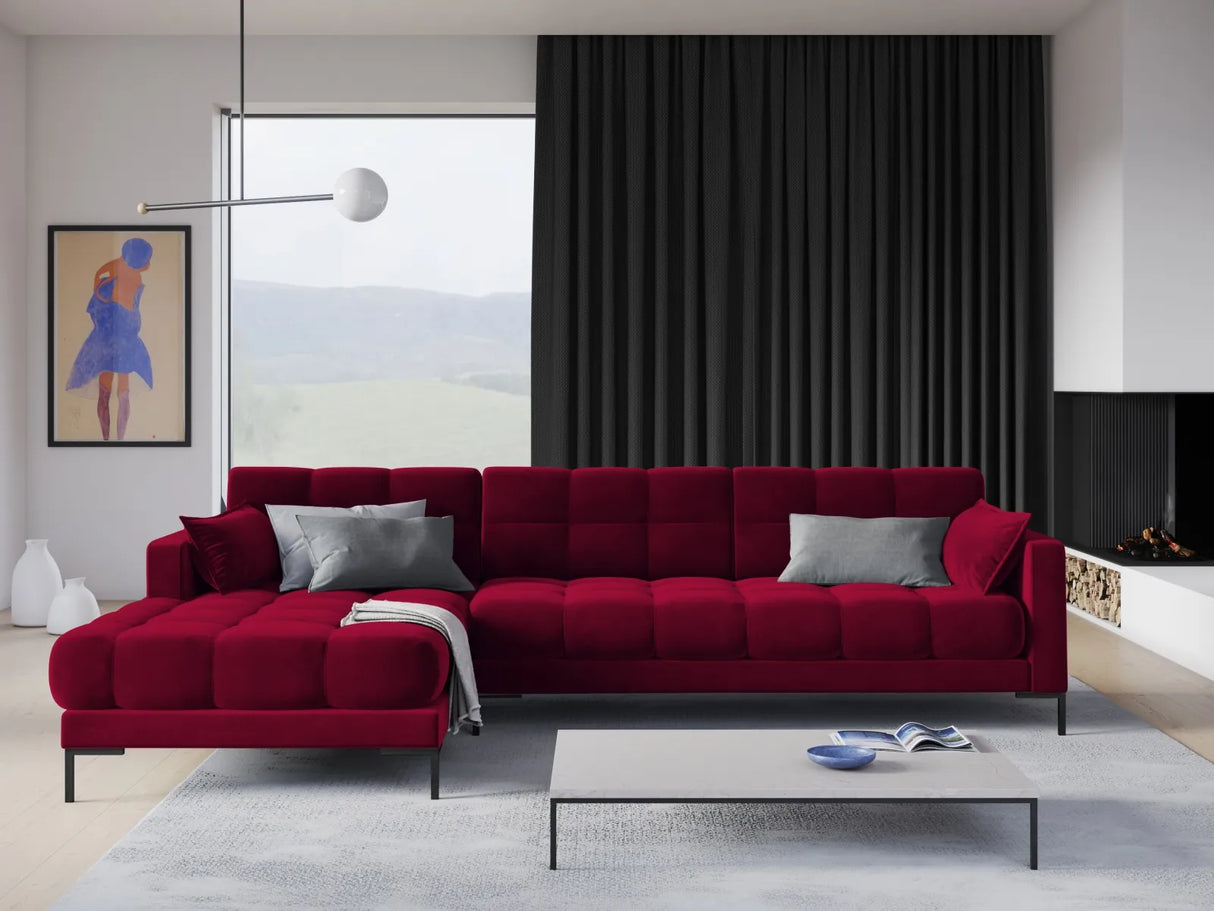 Mamaia 4-Sitzer Ecksofa, Linke Seite, Metallbeine Schwarz, mit Bezug aus Samt (Blu59) in Rot, 293x185 cm – Bild 2
