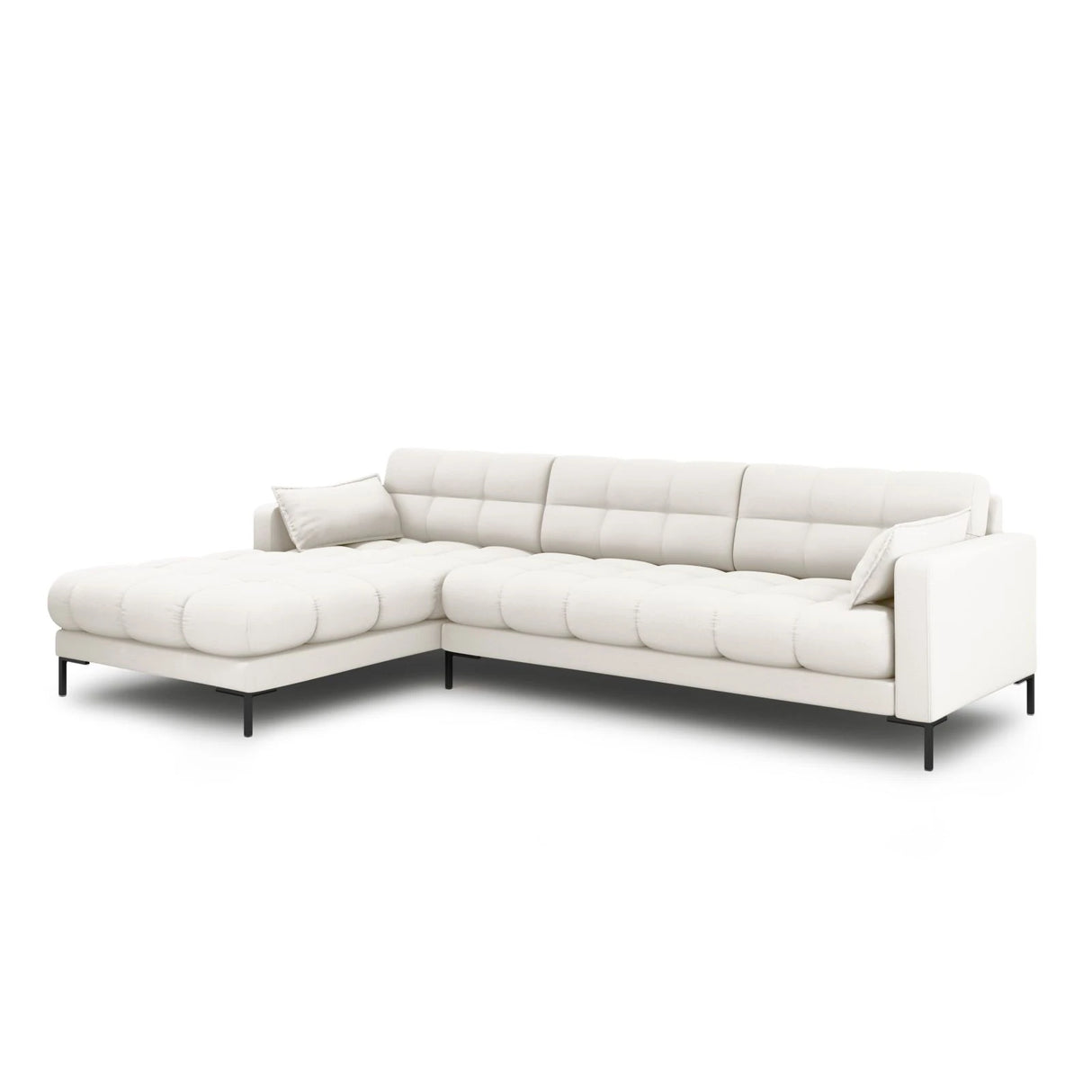 Mamaia 4-Sitzer Ecksofa, Linke Seite, Metallbeine Schwarz, mit Bezug aus Samt oder Strukturstoff, 293x185 cm – Bild 3