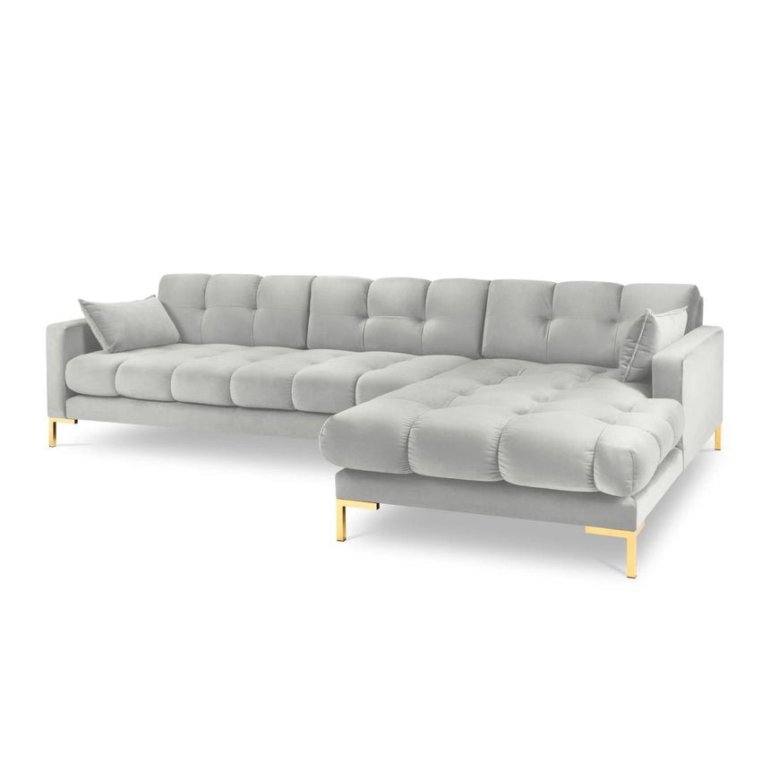 Mamaia 4-Sitzer Ecksofa, Rechte Seite, Beine Goldmetall, mit Bezug aus Samt (Blu03) in Silber, 293x185 cm – Bild 1