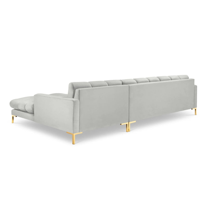 Mamaia 4-Sitzer Ecksofa, Rechte Seite, Beine Goldmetall, mit Bezug aus Samt (Blu03) in Silber, 293x185 cm – Bild 5