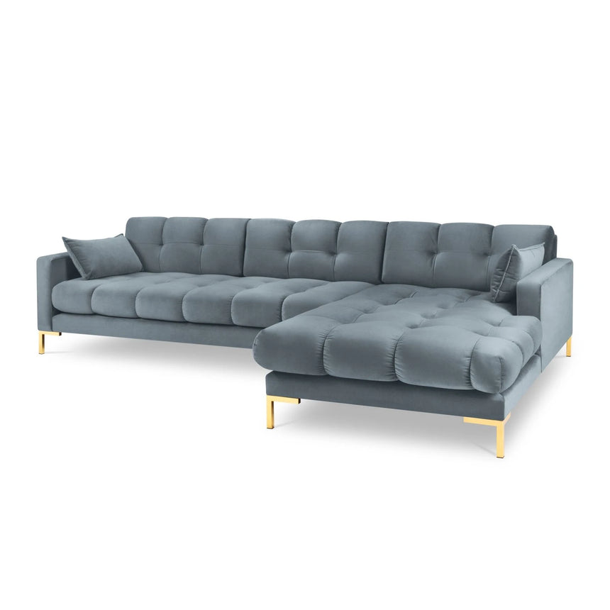Mamaia 4-Sitzer Ecksofa, Rechte Seite, Beine Goldmetall, mit Bezug aus Samt (Blu06) in Hellblau, 293x185 cm – Bild 1