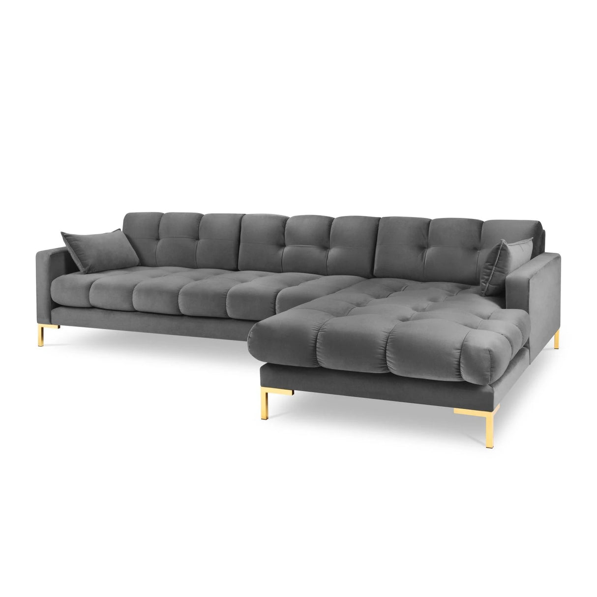 Mamaia 4-Sitzer Ecksofa, Rechte Seite, Beine Goldmetall, mit Bezug aus Samt (Blu13) in Hellgrau, 293x185 cm – Bild 1