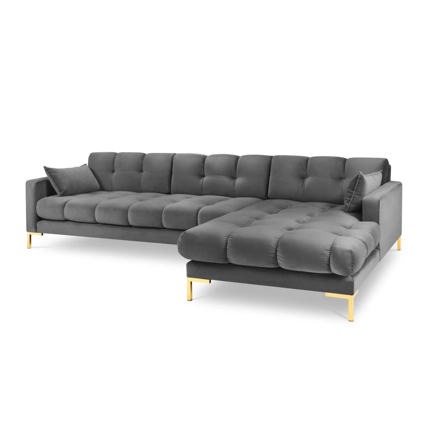 Mamaia 4-Sitzer Ecksofa, Rechte Seite, Beine Goldmetall, mit Bezug aus Samt (Blu13) in Hellgrau, 293x185 cm – Bild 1