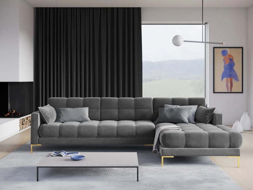 Mamaia 4-Sitzer Ecksofa, Rechte Seite, Beine Goldmetall, mit Bezug aus Samt (Blu13) in Hellgrau, 293x185 cm – Bild 2