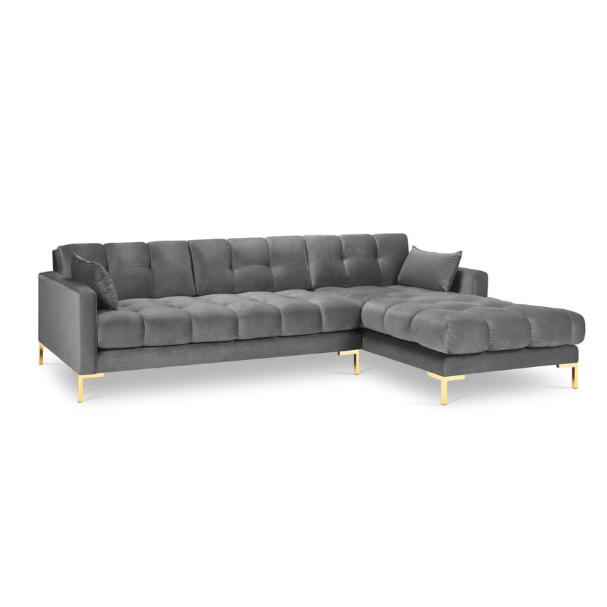 Mamaia 4-Sitzer Ecksofa, Rechte Seite, Beine Goldmetall, mit Bezug aus Samt (Blu13) in Hellgrau, 293x185 cm – Bild 4