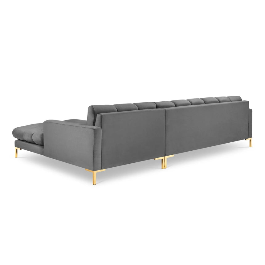 Mamaia 4-Sitzer Ecksofa, Rechte Seite, Beine Goldmetall, mit Bezug aus Samt (Blu13) in Hellgrau, 293x185 cm – Bild 5