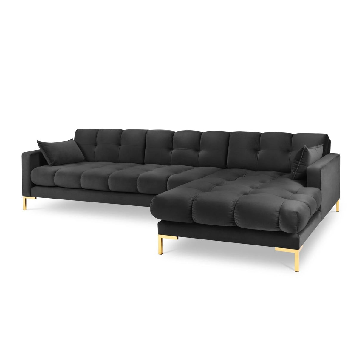 Mamaia 4-Sitzer Ecksofa, Rechte Seite, Beine Goldmetall, mit Bezug aus Samt (Blu18) in Dunkelgrau, 293x185 cm – Bild 1