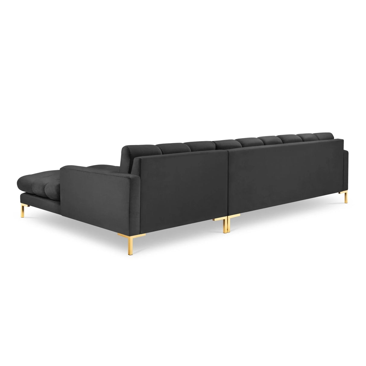 Mamaia 4-Sitzer Ecksofa, Rechte Seite, Beine Goldmetall, mit Bezug aus Samt (Blu18) in Dunkelgrau, 293x185 cm – Bild 5