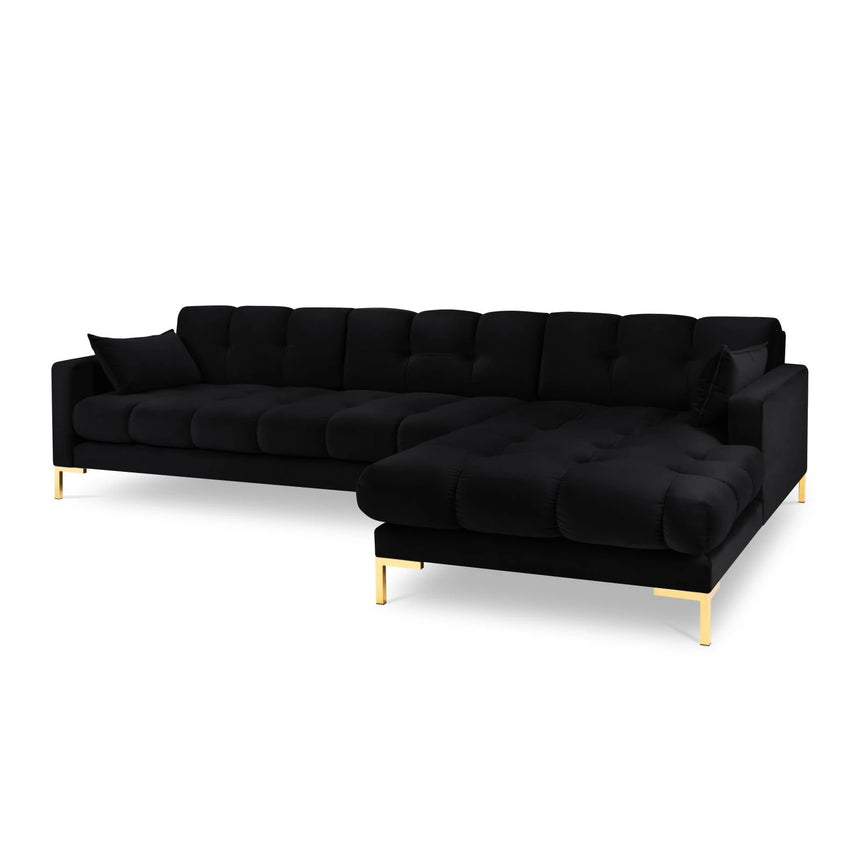 Mamaia 4-Sitzer Ecksofa, Rechte Seite, Beine Goldmetall, mit Bezug aus Samt (Blu19) in Schwarz, 293x185 cm – Bild 1