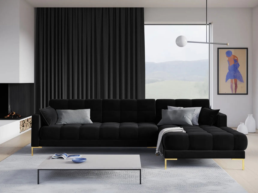 Mamaia 4-Sitzer Ecksofa, Rechte Seite, Beine Goldmetall, mit Bezug aus Samt (Blu19) in Schwarz, 293x185 cm – Bild 2