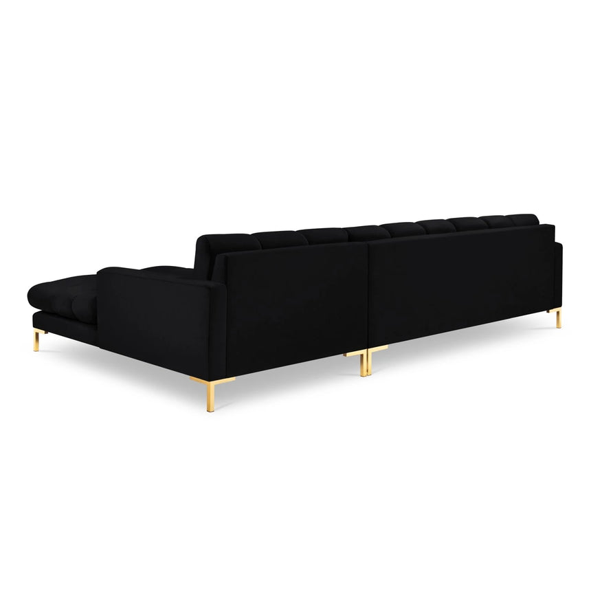 Mamaia 4-Sitzer Ecksofa, Rechte Seite, Beine Goldmetall, mit Bezug aus Samt (Blu19) in Schwarz, 293x185 cm – Bild 5