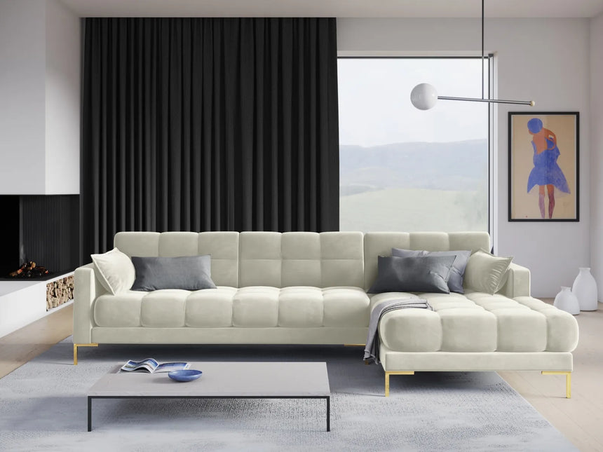 Mamaia 4-Sitzer Ecksofa, Rechte Seite, Beine Goldmetall, mit Bezug aus Samt (Blu22) in Leichtes Beige, 293x185 cm – Bild 2
