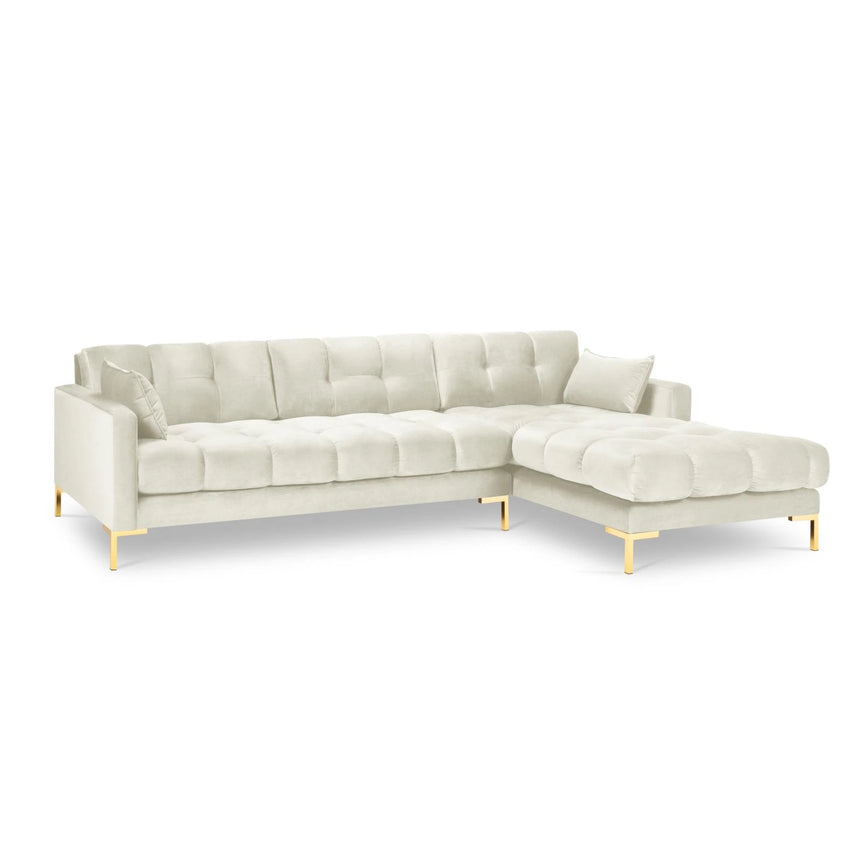 Mamaia 4-Sitzer Ecksofa, Rechte Seite, Beine Goldmetall, mit Bezug aus Samt (Blu22) in Leichtes Beige, 293x185 cm – Bild 4