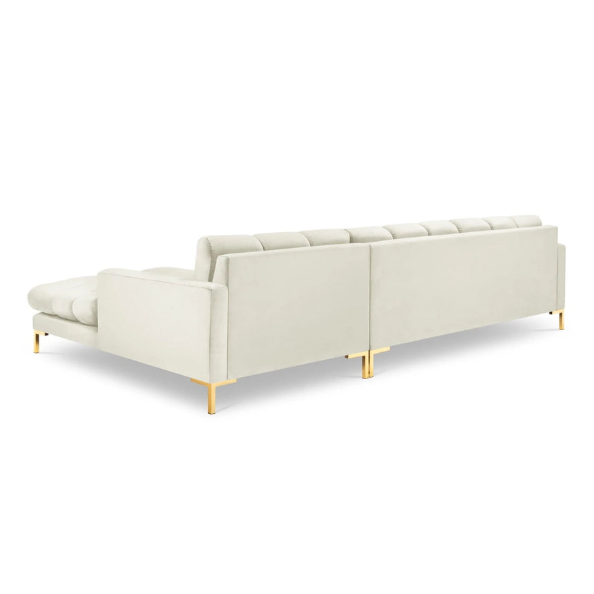 Mamaia 4-Sitzer Ecksofa, Rechte Seite, Beine Goldmetall, mit Bezug aus Samt (Blu22) in Leichtes Beige, 293x185 cm – Bild 5