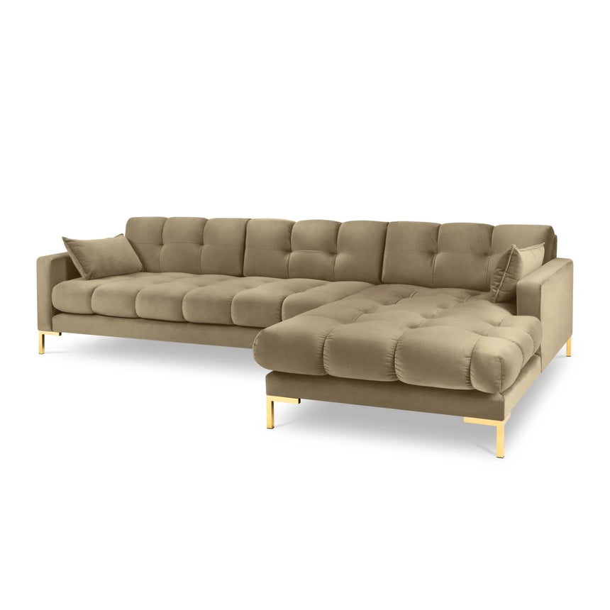 Mamaia 4-Sitzer Ecksofa, Rechte Seite, Beine Goldmetall, mit Bezug aus Samt (Blu28) in Beige, 293x185 cm – Bild 1