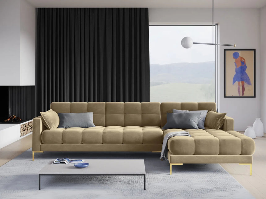 Mamaia 4-Sitzer Ecksofa, Rechte Seite, Beine Goldmetall, mit Bezug aus Samt (Blu28) in Beige, 293x185 cm – Bild 2