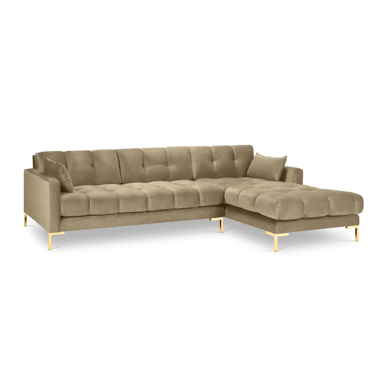 Mamaia 4-Sitzer Ecksofa, Rechte Seite, Beine Goldmetall, mit Bezug aus Samt (Blu28) in Beige, 293x185 cm – Bild 4