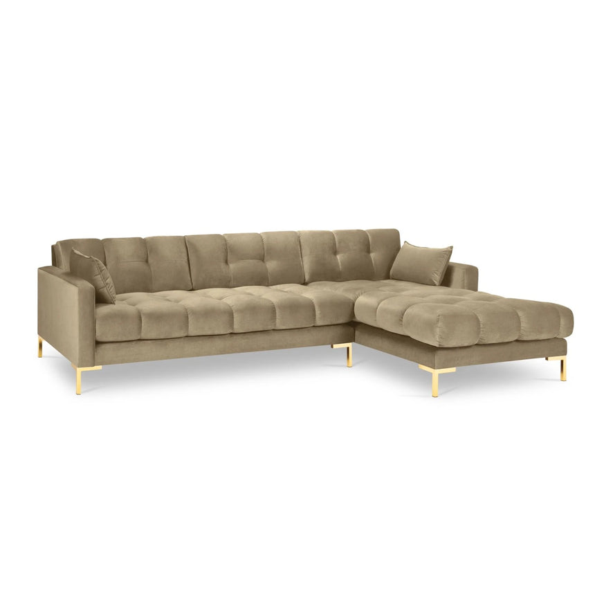 Mamaia 4-Sitzer Ecksofa, Rechte Seite, Beine Goldmetall, mit Bezug aus Samt (Blu28) in Beige, 293x185 cm – Bild 4