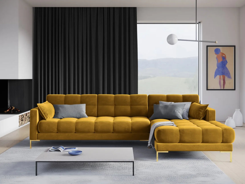 Mamaia 4-Sitzer Ecksofa, Rechte Seite, Beine Goldmetall, mit Bezug aus Samt (Blu68) in Gelb, 293x185 cm – Bild 2