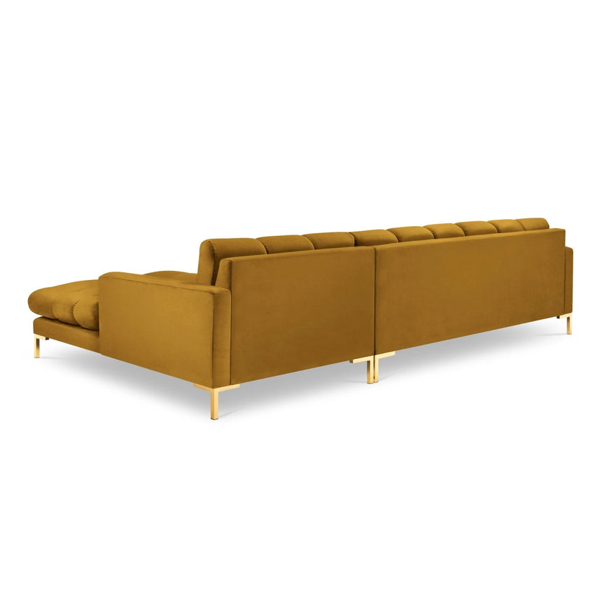 Mamaia 4-Sitzer Ecksofa, Rechte Seite, Beine Goldmetall, mit Bezug aus Samt (Blu68) in Gelb, 293x185 cm – Bild 5