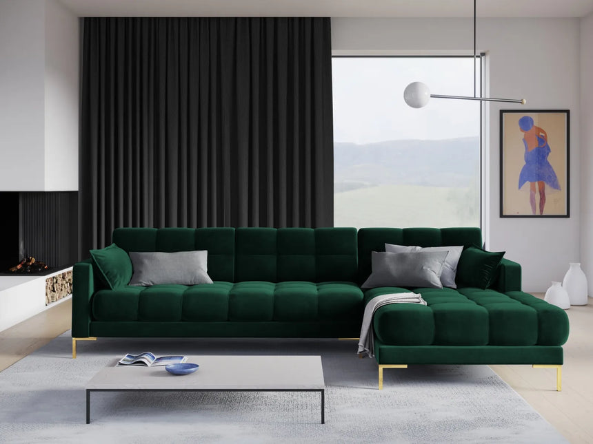Mamaia 4-Sitzer Ecksofa, Rechte Seite, Beine Goldmetall, mit Bezug aus Samt (Blu78) in Flaschengrün, 293x185 cm – Bild 2
