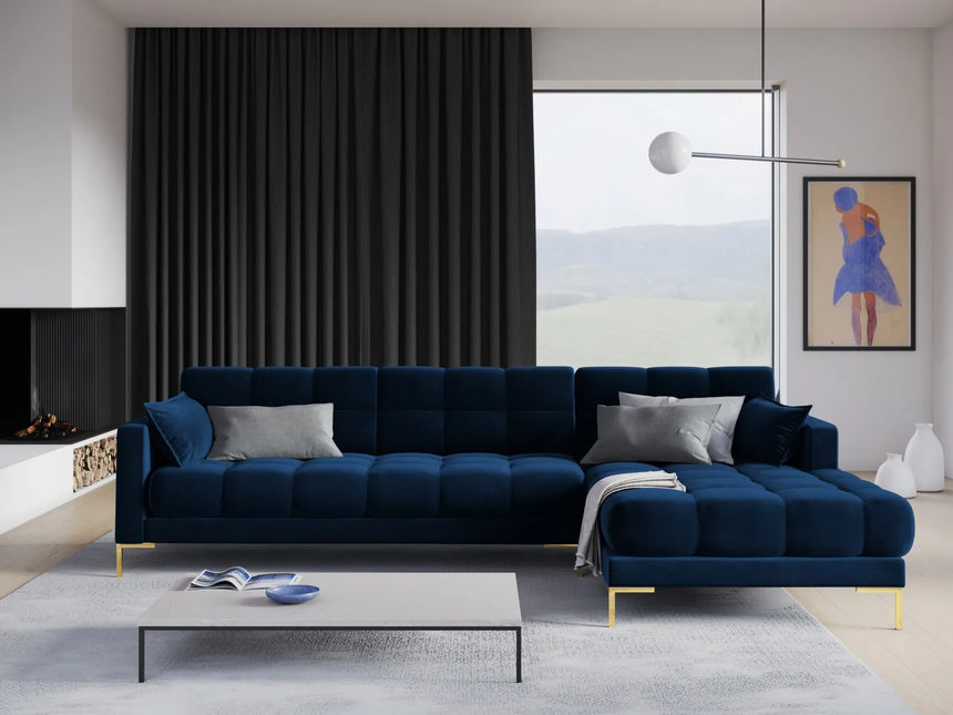 Mamaia 4-Sitzer Ecksofa, Rechte Seite, Beine Goldmetall, mit Bezug aus Samt (Blu86) in Königsblau, 293x185 cm – Bild 2