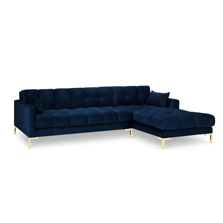 Mamaia 4-Sitzer Ecksofa, Rechte Seite, Beine Goldmetall, mit Bezug aus Samt (Blu86) in Königsblau, 293x185 cm – Bild 4