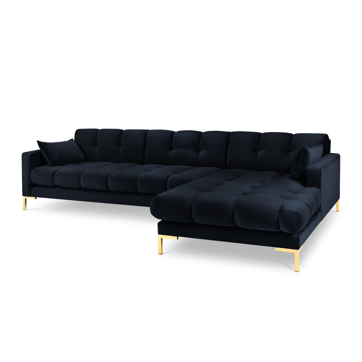 Mamaia 4-Sitzer Ecksofa, Rechte Seite, Beine Goldmetall, mit Bezug aus Samt (Blu89) in Dunkelblau, 293x185 cm – Bild 1