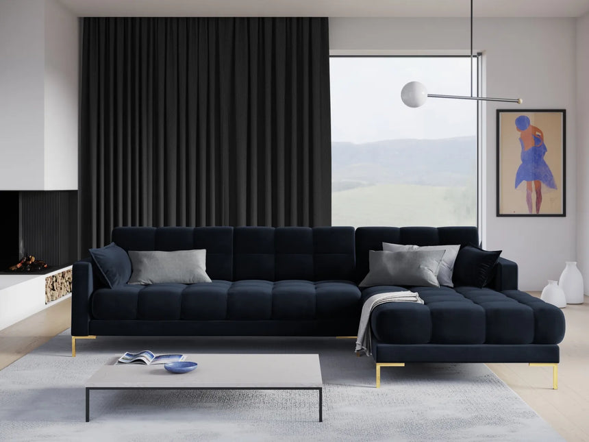 Mamaia 4-Sitzer Ecksofa, Rechte Seite, Beine Goldmetall, mit Bezug aus Samt (Blu89) in Dunkelblau, 293x185 cm – Bild 2