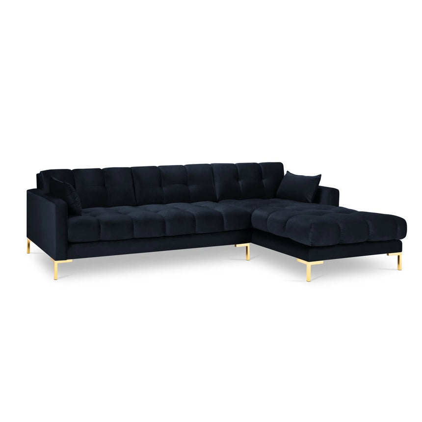 Mamaia 4-Sitzer Ecksofa, Rechte Seite, Beine Goldmetall, mit Bezug aus Samt (Blu89) in Dunkelblau, 293x185 cm – Bild 4