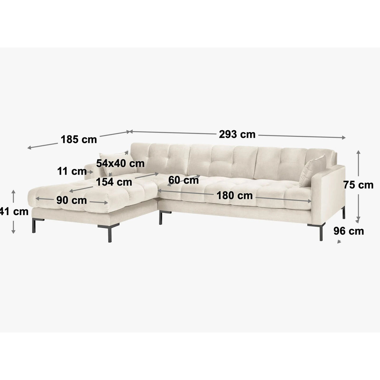 Mamaia 4-Sitzer Ecksofa, Rechte Seite, Beine Goldmetall, mit Bezug aus Samt oder Strukturstoff, 293x185 cm – Bild 2